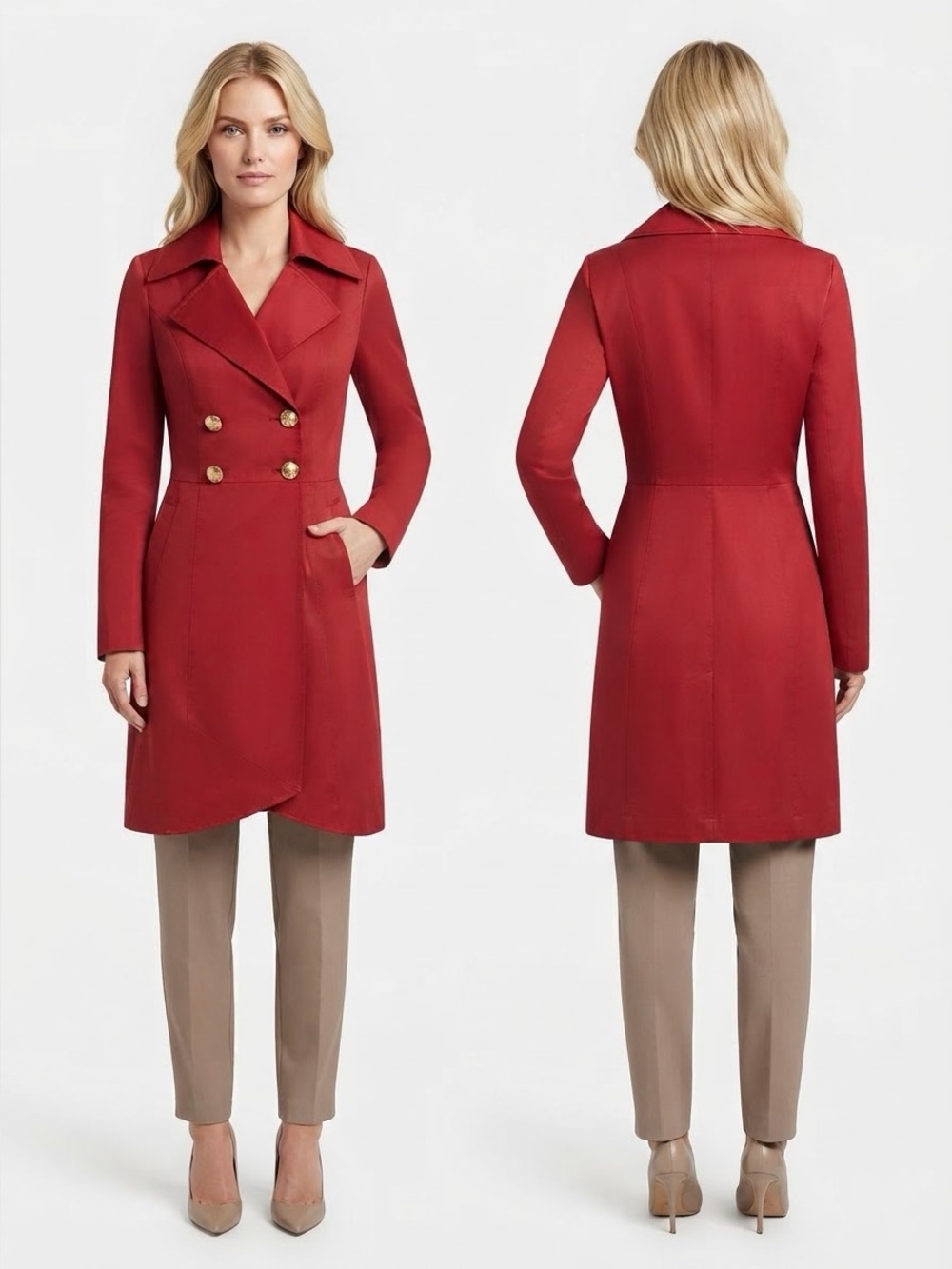 NWT WOMEN DOUBLE-BREASTED TRENCH COAT‎ MILITARY LINED JACKET NOTCHED COLLAR RED